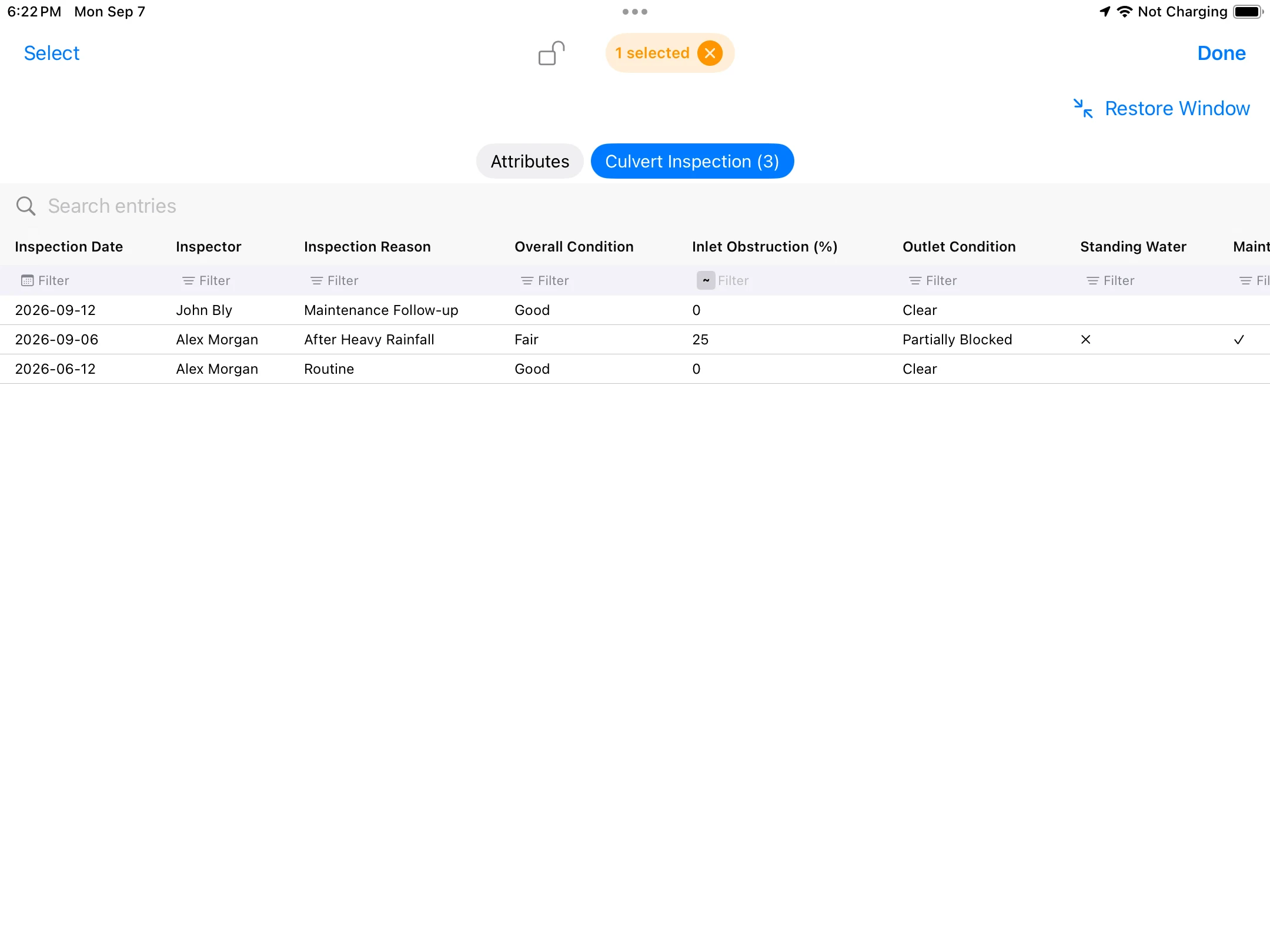 Three example culvert inspections in the iPad grid: good condition, then fair condition with 25 percent inlet obstruction, followed by good condition with no obstruction.