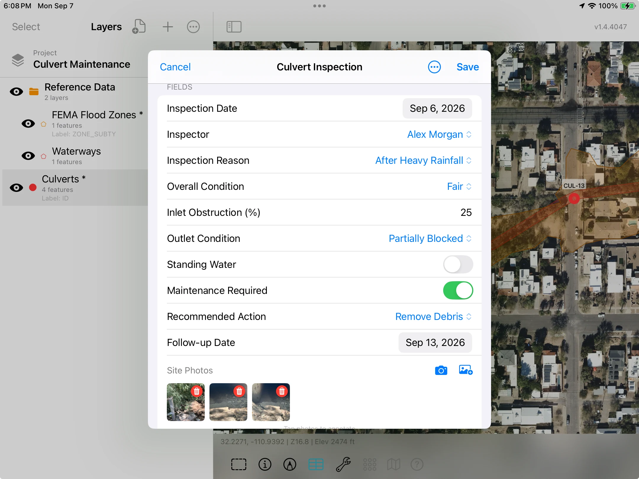 Culvert Inspection form on iPad showing condition, obstruction percentage, maintenance action, follow-up date and site photographs, alongside flood-zone and waterway layers.
