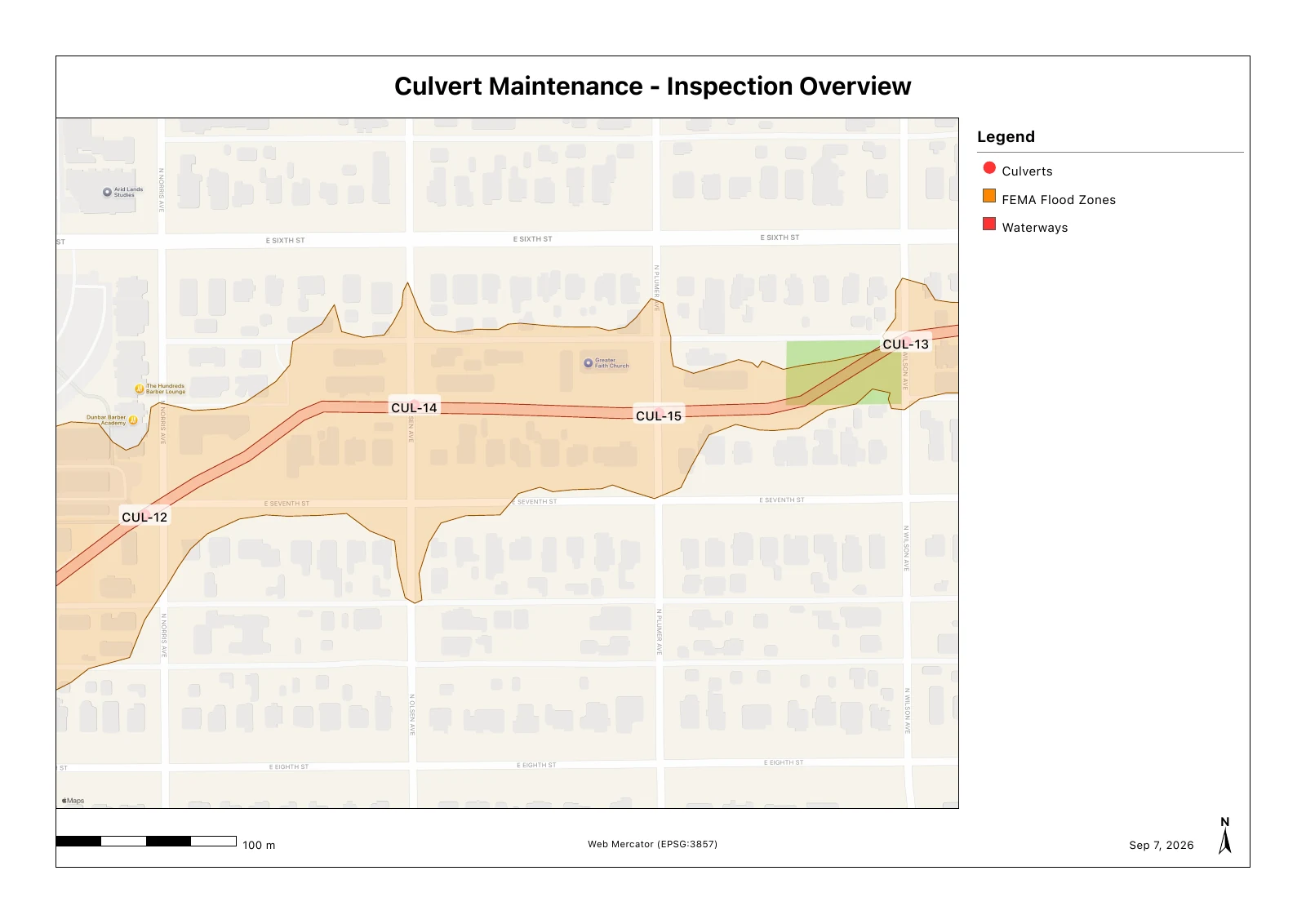 Exported landscape map of four labeled culverts, flood zones and waterways, with a title, legend and scale.