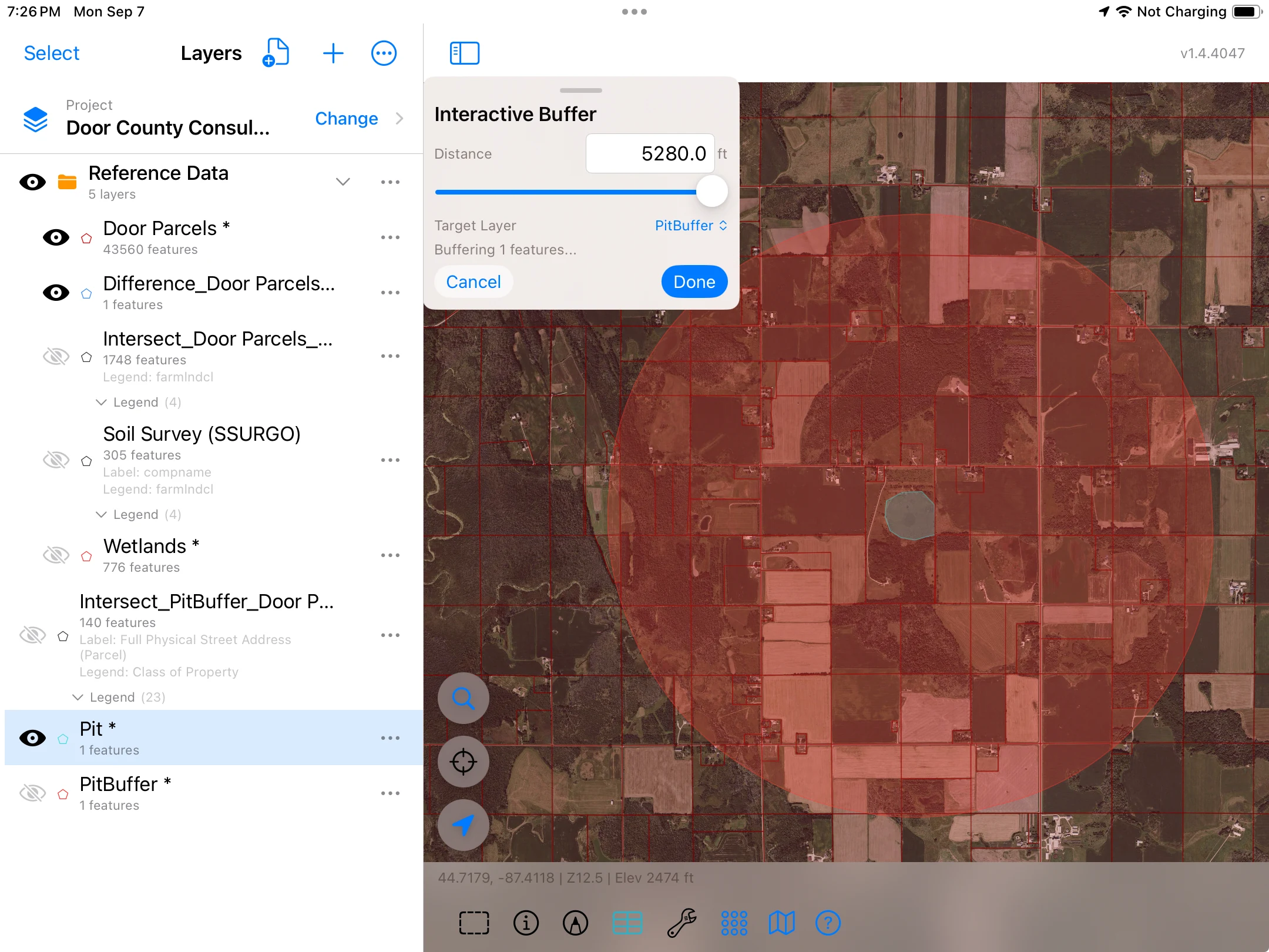 Interactive Buffer on iPad set to 5280.0 feet around a proposed pit footprint, with surrounding parcel boundaries visible.
