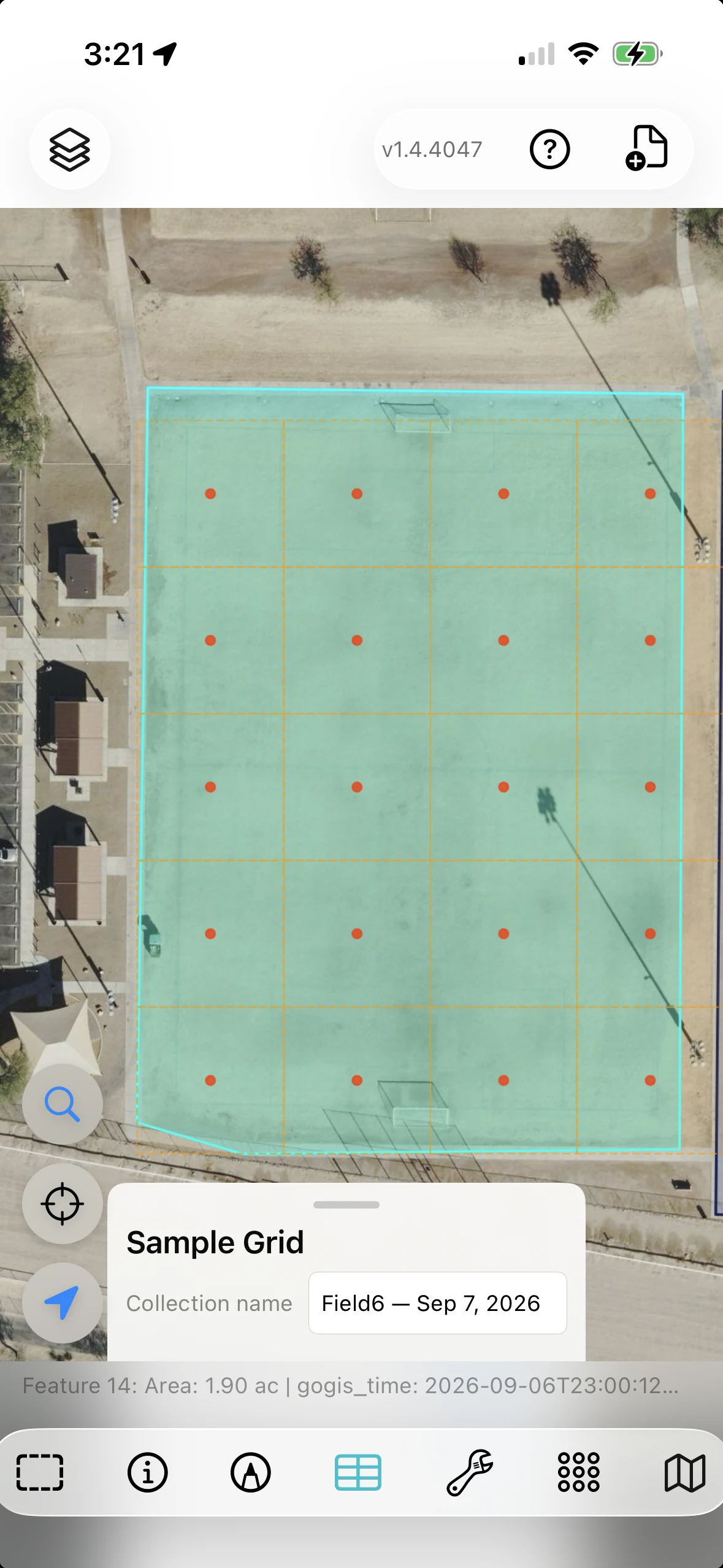 Sample Grid preview over a sports ground, with evenly spaced points and grid lines within the selected boundary.
