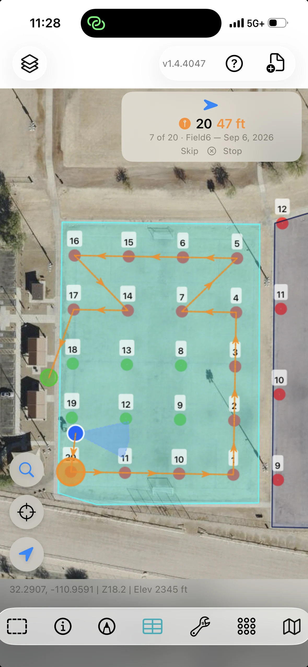 GoGIS sampling route with directional arrows, green completed points, remaining points and navigation toward sample 20.