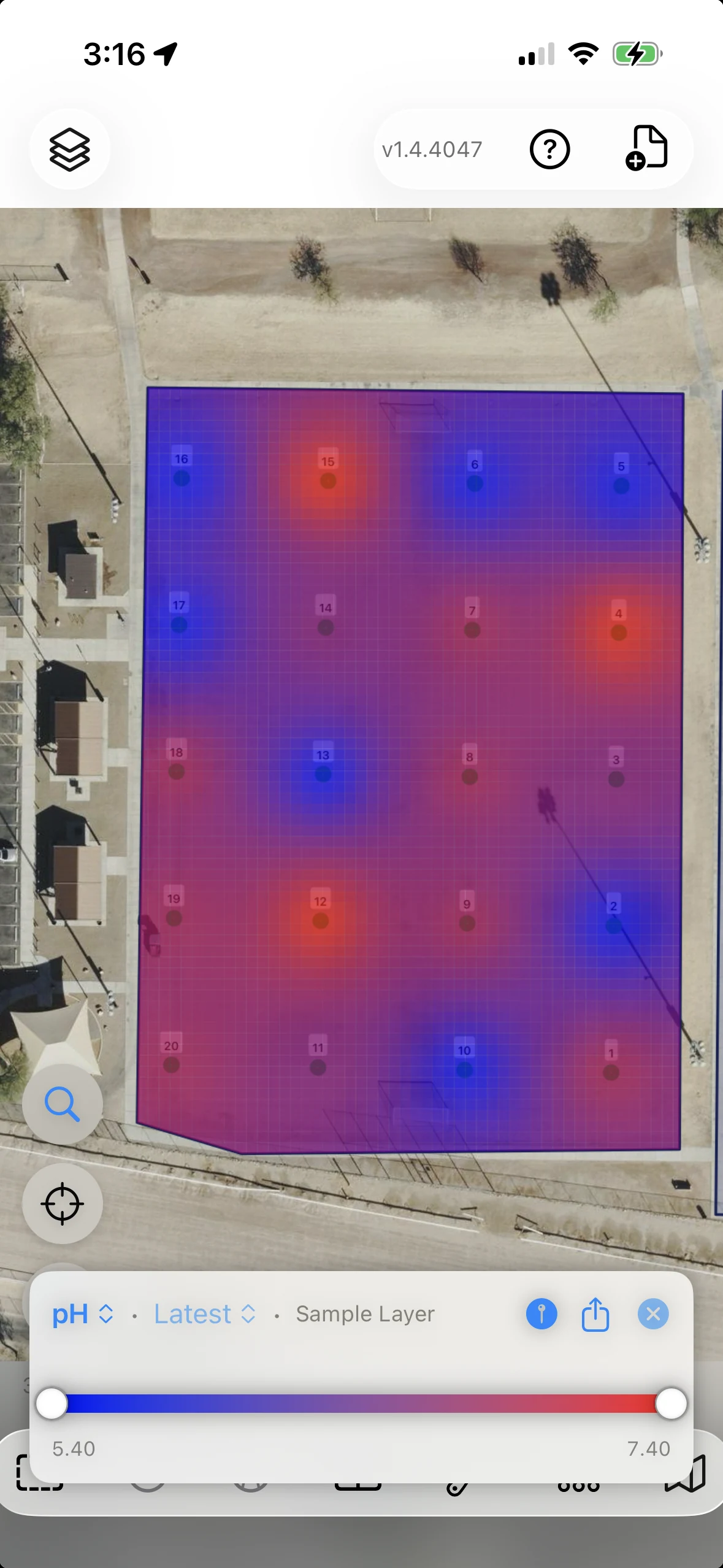 Interpolated pH surface over the same sample locations, with a blue-to-red legend ranging from 5.40 to 7.40. Illustrative lab data.