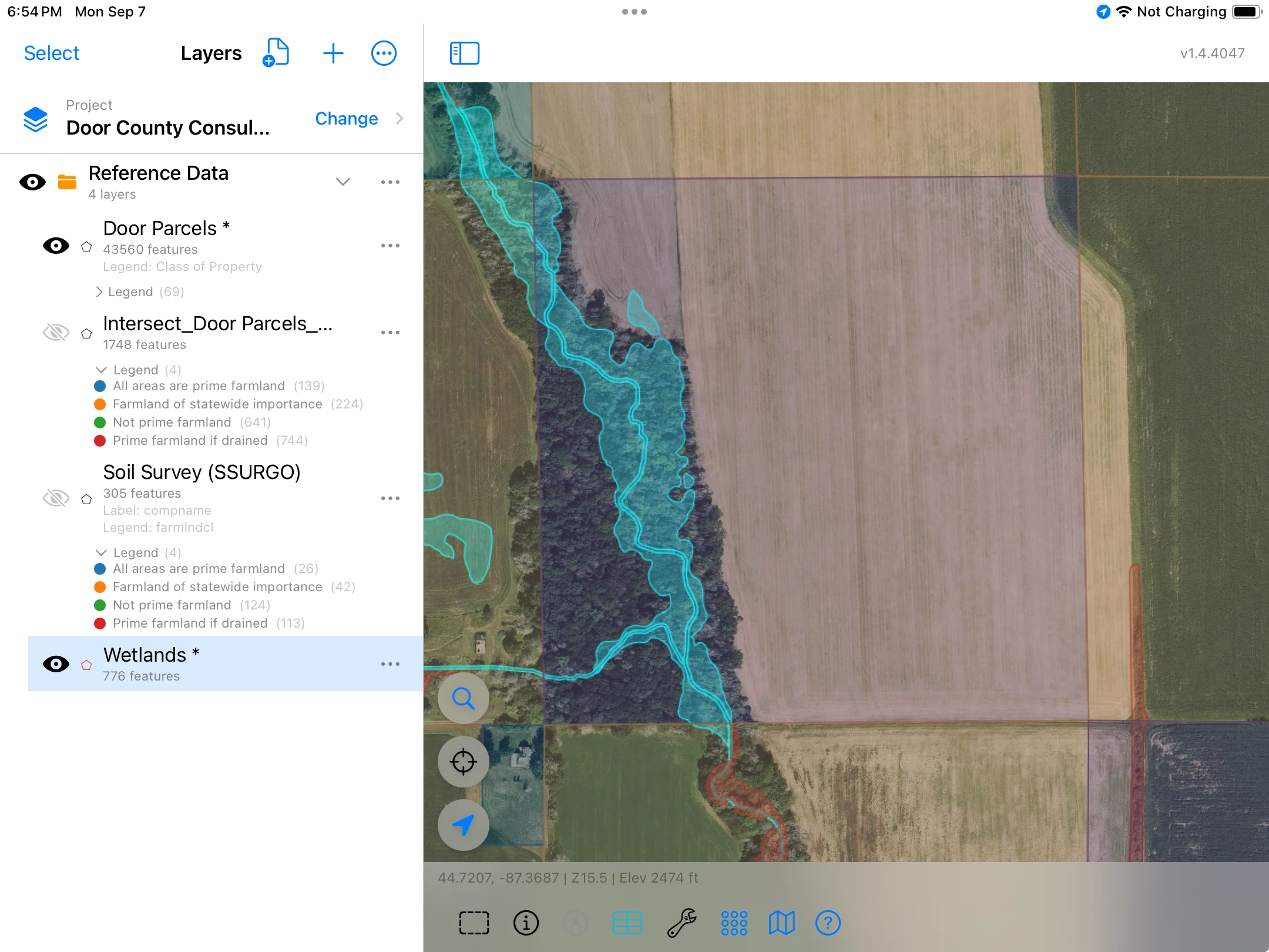 Parcel and mapped wetlands over aerial imagery before subtraction.