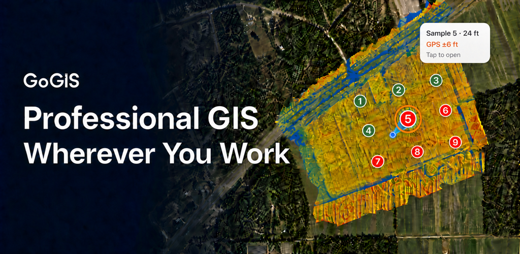 GoGIS: Professional GIS Wherever You Work. Aerial imagery and a colored surface beneath numbered sample locations, with collected and remaining points and an active sample showing distance and GPS accuracy.