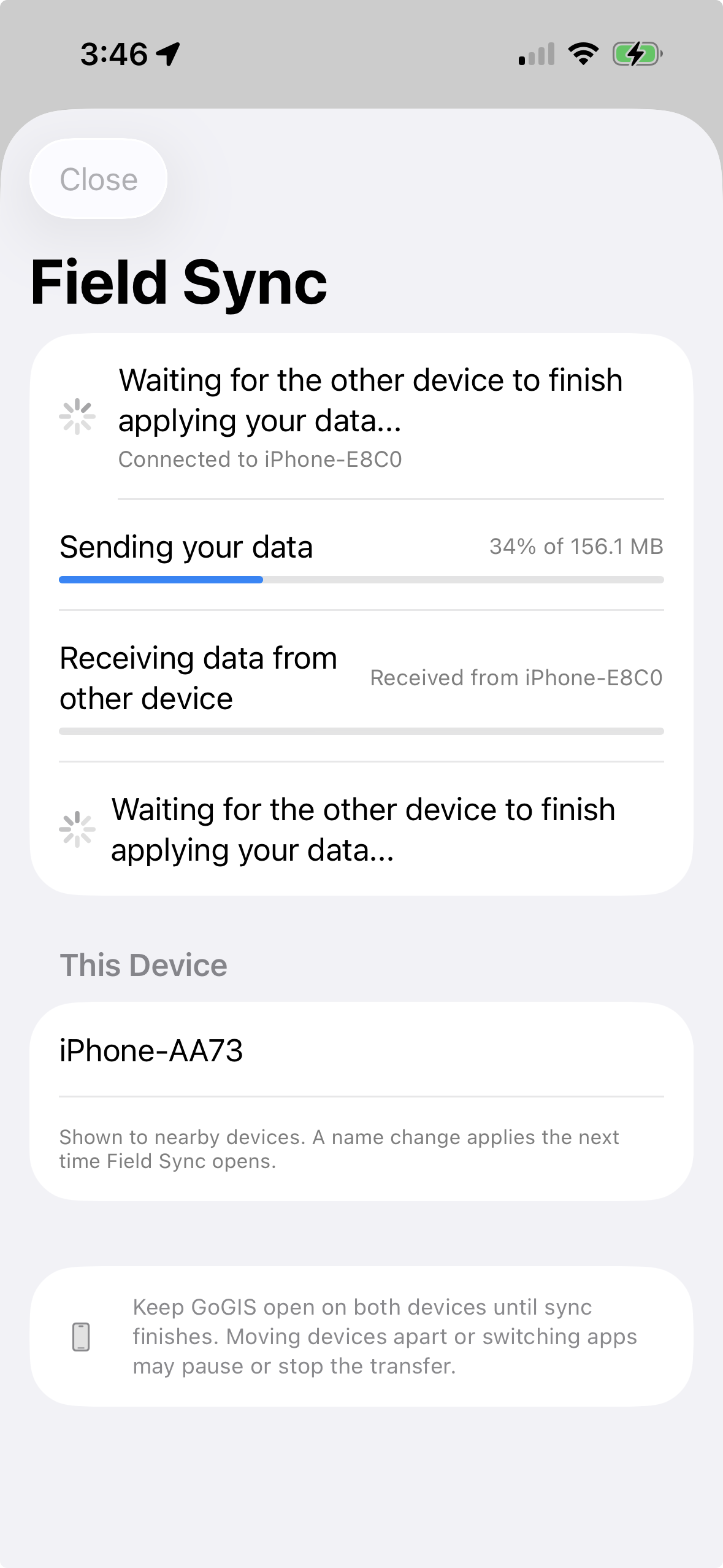 One GoGIS device sending project changes.