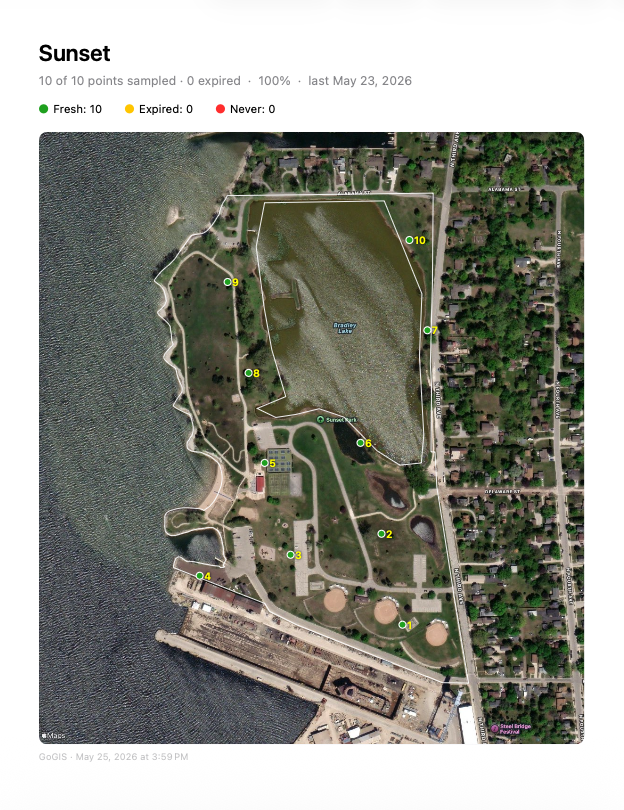 Overview page from the Sunset example report, showing ten sample locations and a collection summary.